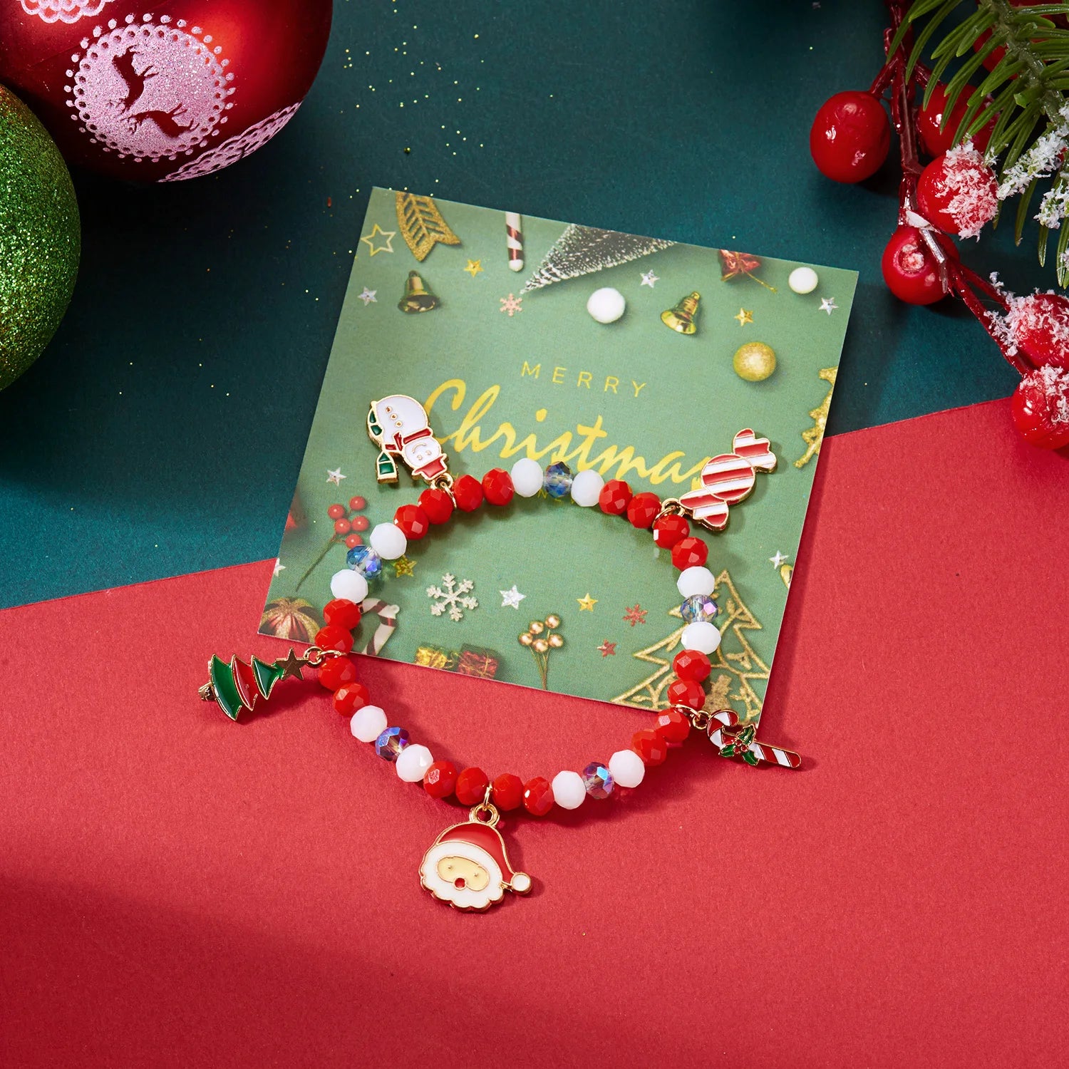 Cute Christmas Series Zircon Snowflake Santa Claus Xmas Tree Pendant Bracelets for Women Green Red Crystal Beads Bangle Gifts