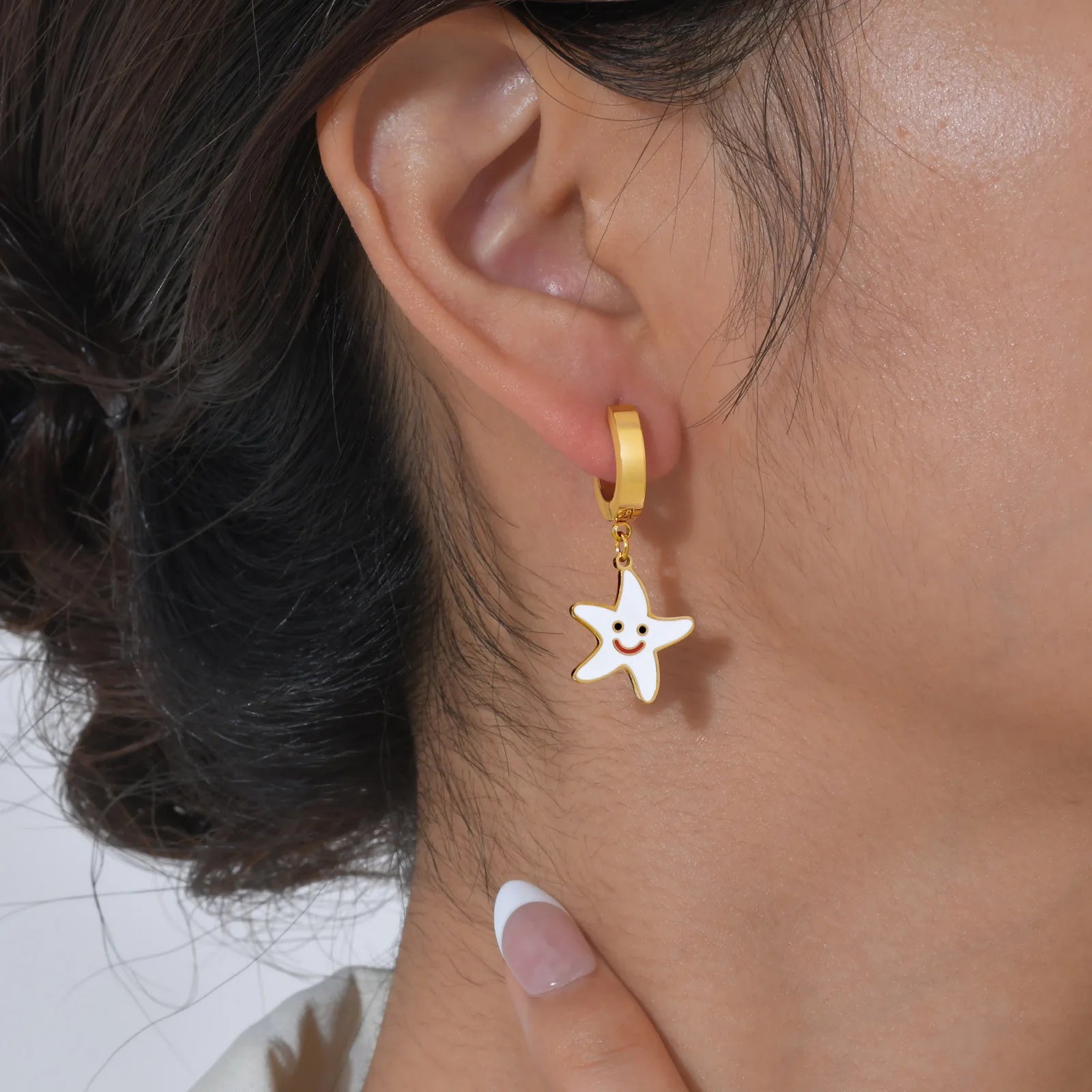 Vnox Sweet Star Smile Drop Earrings For Women Girls,Stainless Steel Hoop Simple Pendent,Gold Plated Jewelry Hypoallergenic