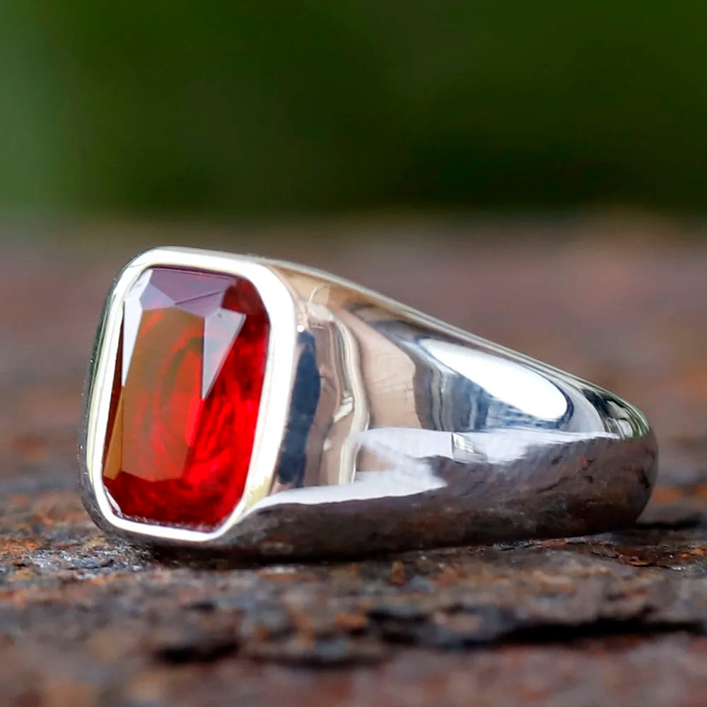 Stainless Steel Fashion Turkey Stone Ring Geometric red Zircon For Anniversary Party Wedding Men's Anels Totem Luxury Jewelry