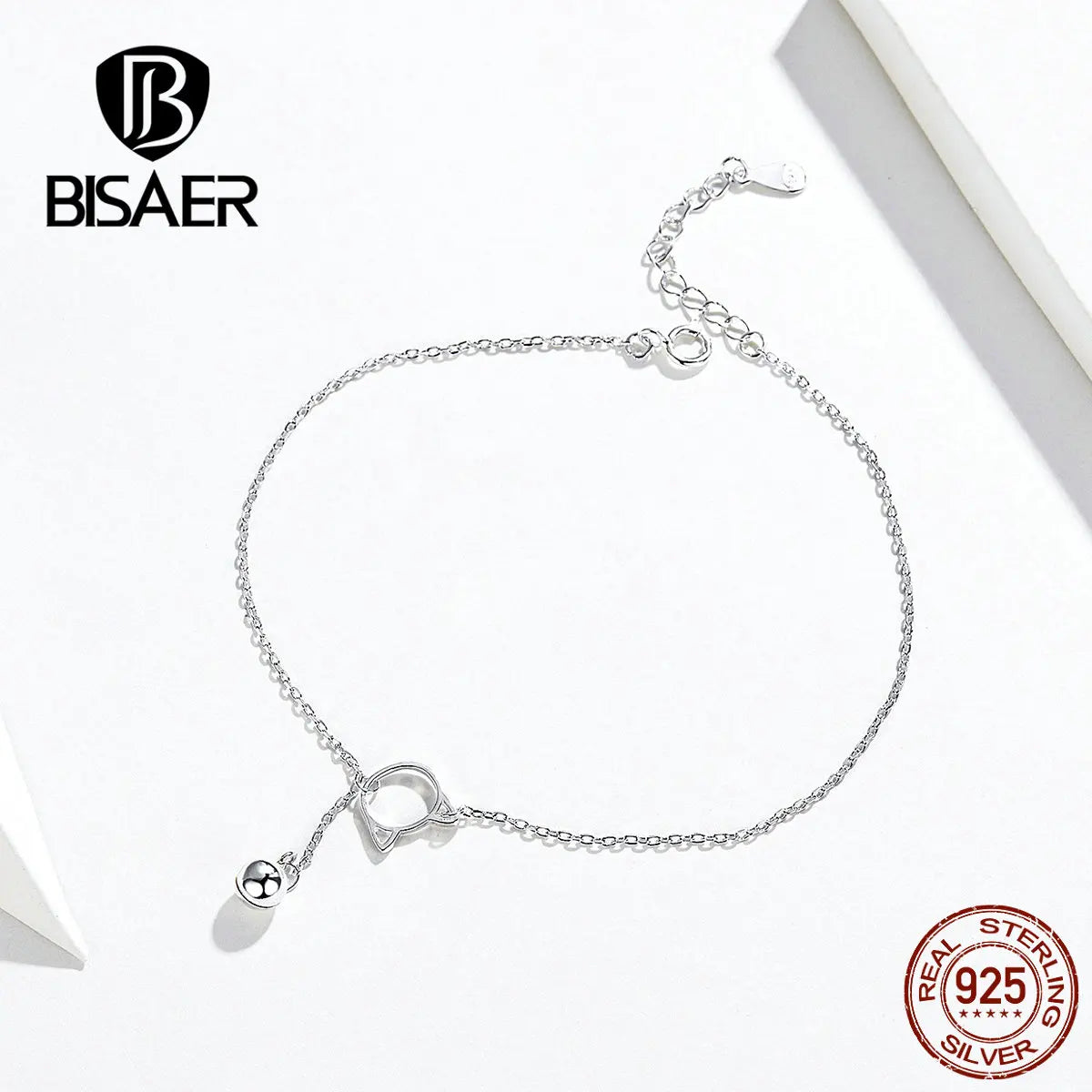 BISAER 925 Sterling Silver Snake Chain Anklet Bracelet Chain Anklet Beads Cute Cat Waterproof Chain For Women Party Fine Jewelry