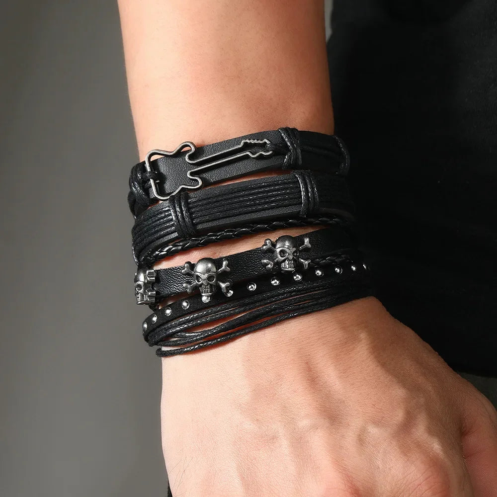 New Rock Roll Skull 4Pcs/ Set Leather Bracelet for Men Hand Braided Wrap Wristband Rope Mens Beads Bracelets Set Jewelry