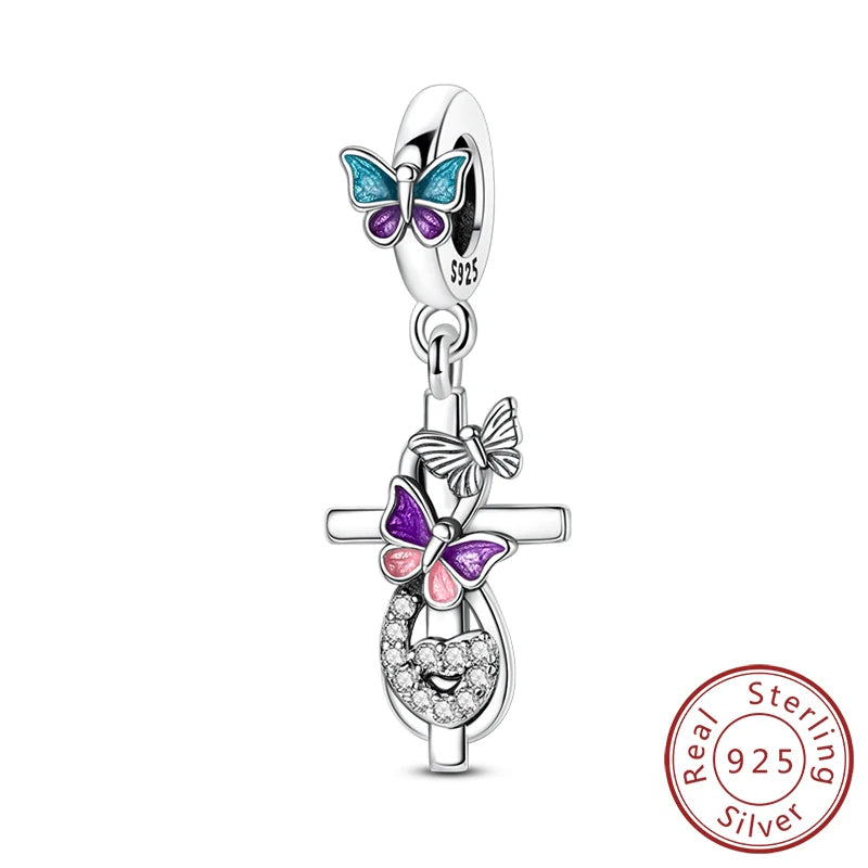 100% 925 Sterling Silver Charms Beads Bible Zircon Cross Jesus Both Hands Pray Fit 925 Original Bracelets Fine DIY Party Jewelry