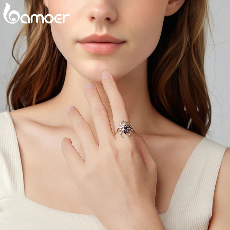 BAMOER 925 Sterling Silver Dark Spider Ring with Purple Heart Zircons Punk Band Ring for Women Teens Lucky Birthday Jewelry Gift