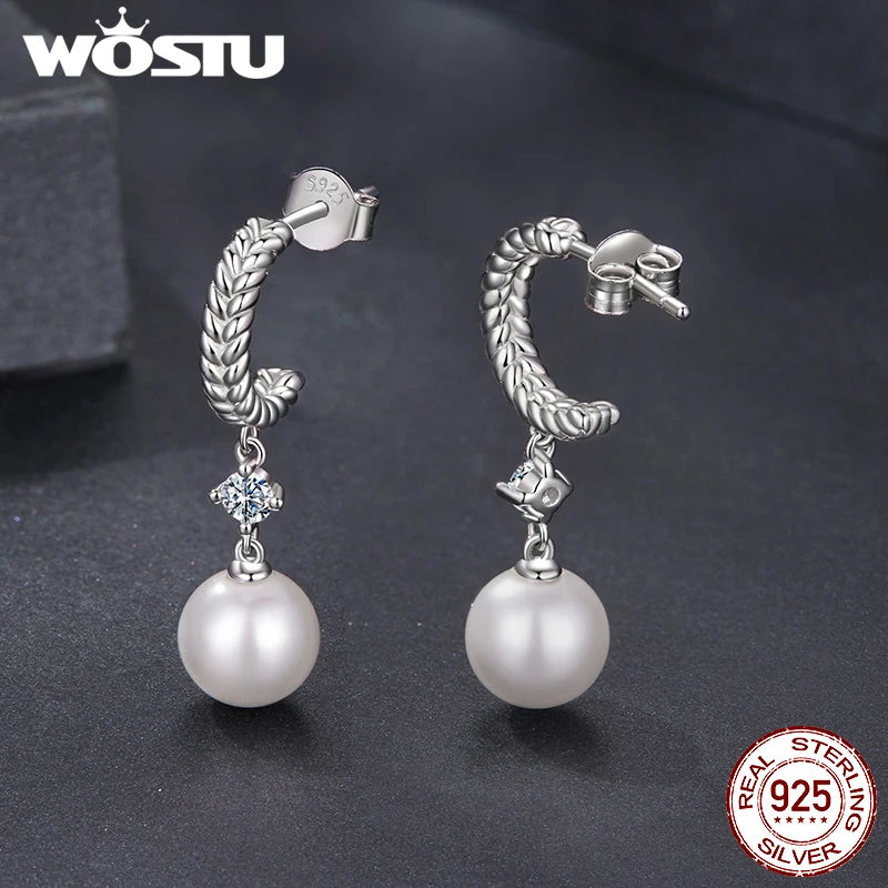 WOSTU 0.2CT Moissanite & Pearl Drop Stud Earrings For Women, Braided Dangle Earrings Wedding Engagement Party Jewelry Gift