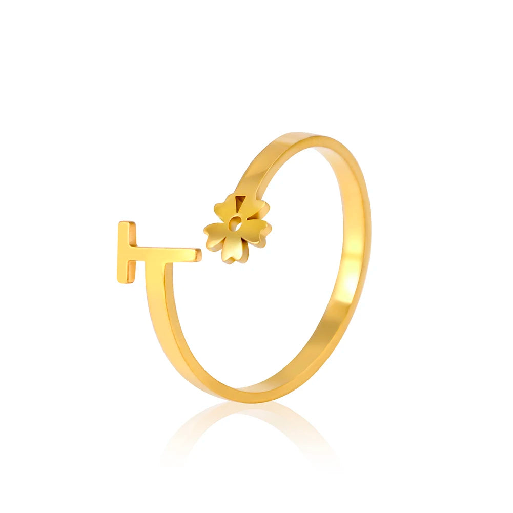 Stainless Steel Flower 26 Alphabet Open Ring for Women A-Z Initial Name Ring 2022 New Fashion Jewelry for Birthday Gift