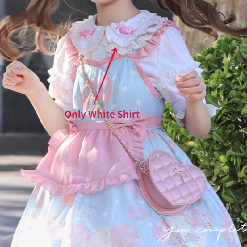 Japanese Soft Girls Lolita Shirt Sweet Lace Ruffles Heart Button Pink Candy Kawaii Blouses Women Peter Pan Collar Blusas Mujer