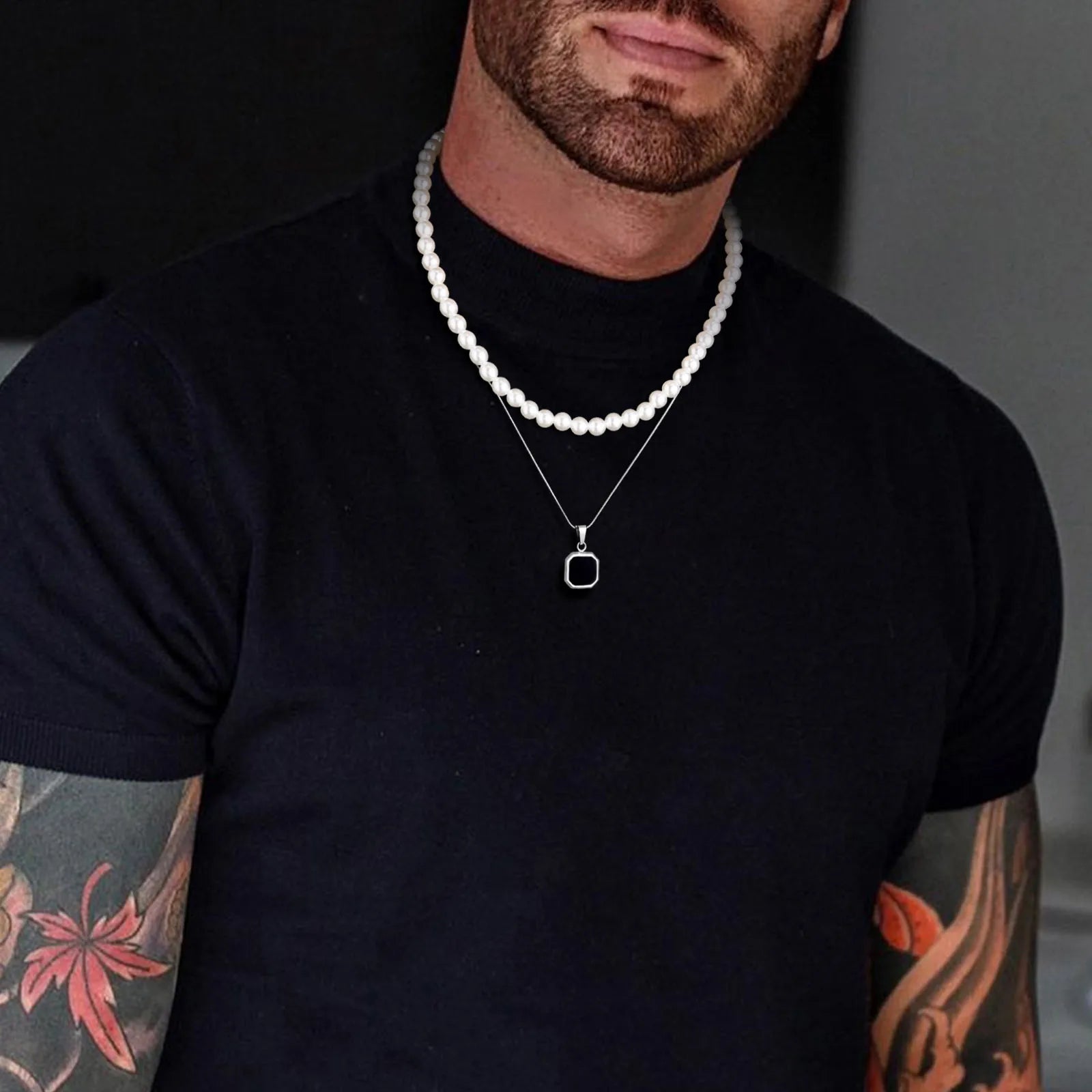 Vnox 2pcs Necklaces Set for Men, Geometric Square Pendant with 55cm Rope Box Cuban Chain, Simulated Pearl Chain Steel Collar