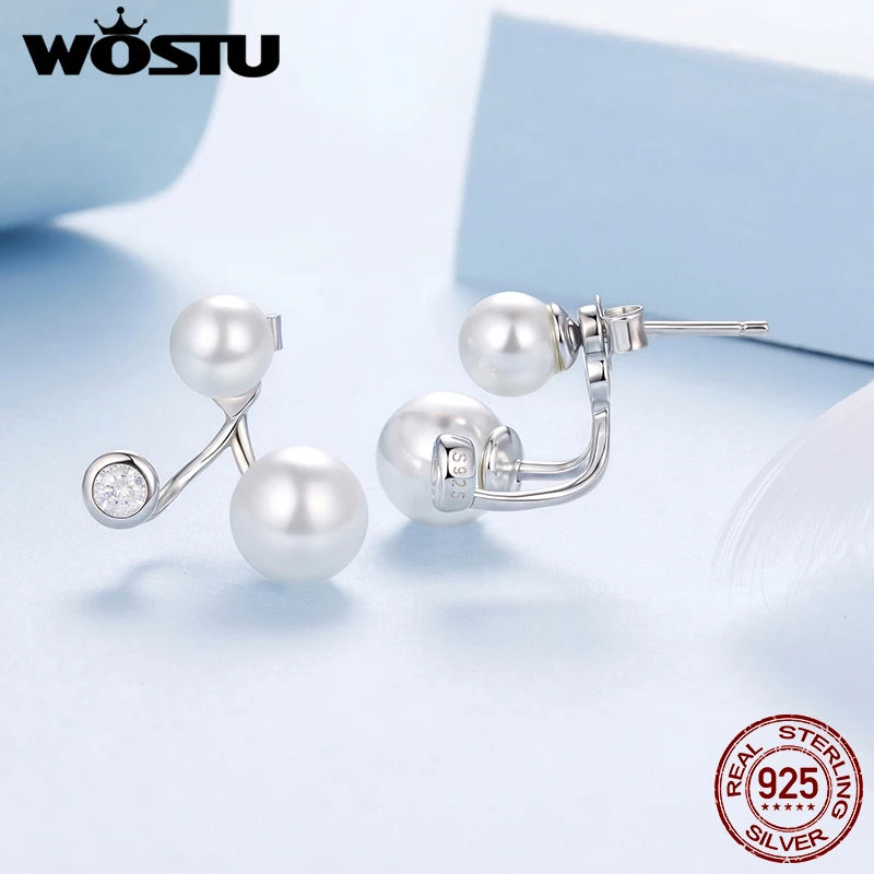 WOSTU 925 Sterling Silver Original Front-Back Pearl Zircon Stud Earrings For Women Daily Wear Fine Jewelry Gift