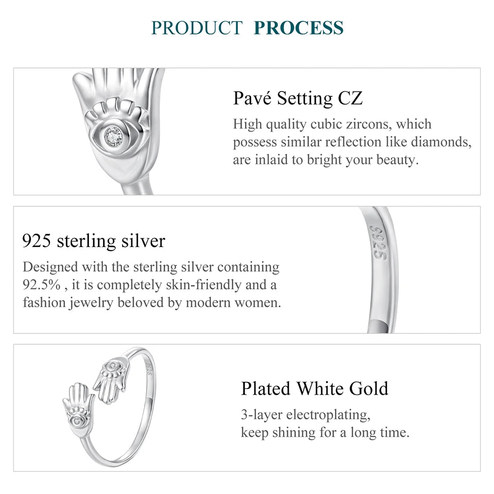 WOSTU Unique Evil Eye Hamsa Hand Open Ring For Women, 925 Sterling Silver Protection Guard Rings Daily Party Bohemia Jewelry