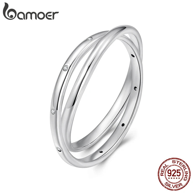 BAMOER Doppellagiger Kreuzring mit Pavé-Zirkonia-Fassung, ineinandergreifender Kreisring für Damen, 925er Sterlingsilber, Geschenkidee