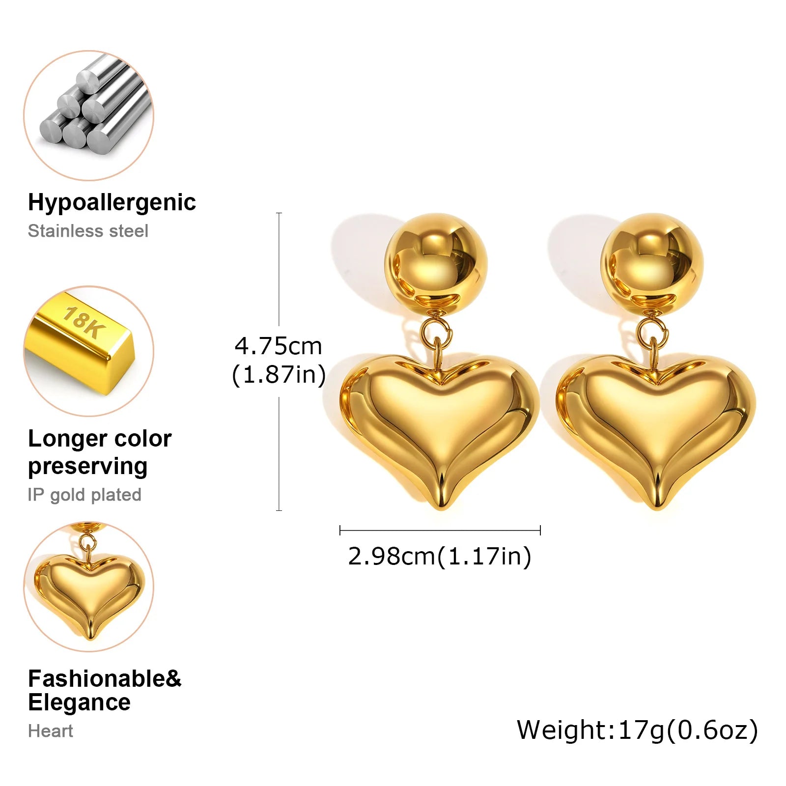 Vnox Hollow Bubble 3D Heart Dangle Drop Earrings Gift for Women Mom, Gold Plated Stainless Steel Anti Allergy Piercing Earrings