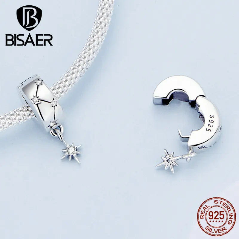 BISAER 925 Sterling Silver Openable Clip Spacer Charm Fit Women DIY Bracelet Lock Stopper Perle Plaqué Platine Fine Jewelry Gift