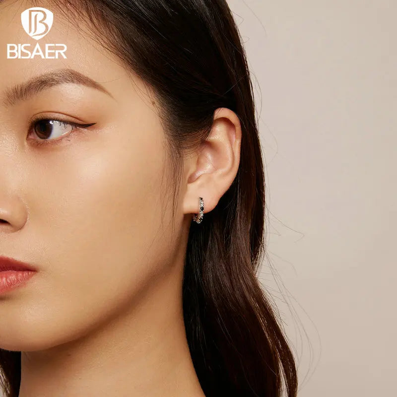 BISAER Boucles d'oreilles créoles en argent sterling 100 % 925 avec zircon noir et onyx, fleur d'iris, vintage, rondes, clip d'oreille pour femmes, bijoux de fête, cadeau