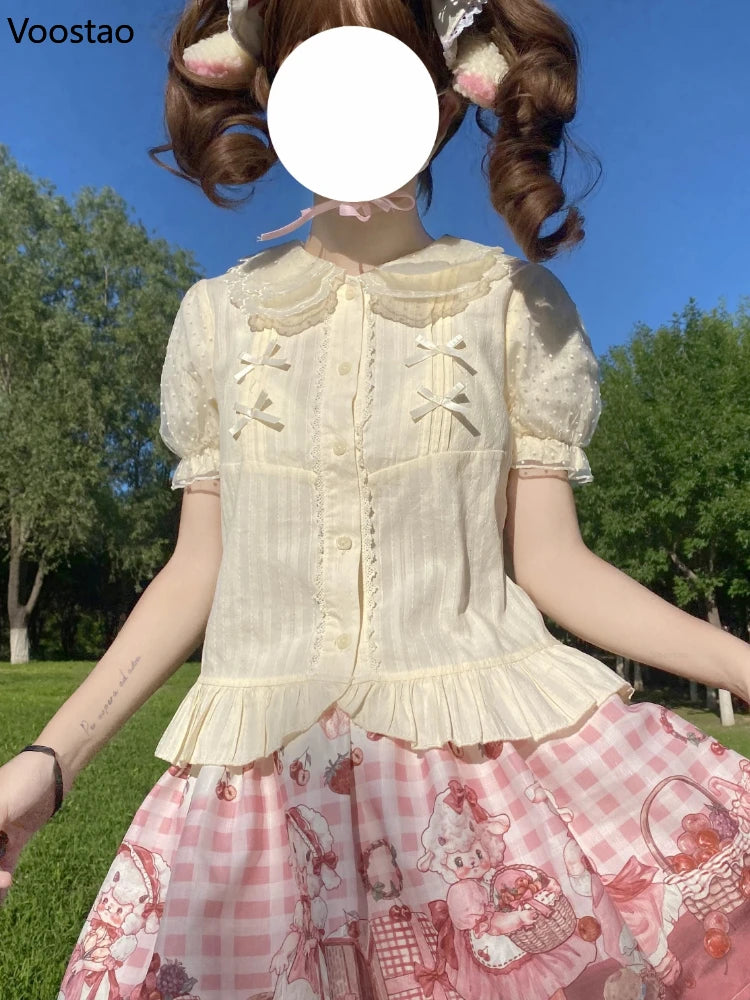 Sweet Lolita Blouses Girly Japanese Kawaii Bow Lace Peter Pan Collar Puff Sleeve JK Shirts Women Cute Princess Tops Blusas Mujer