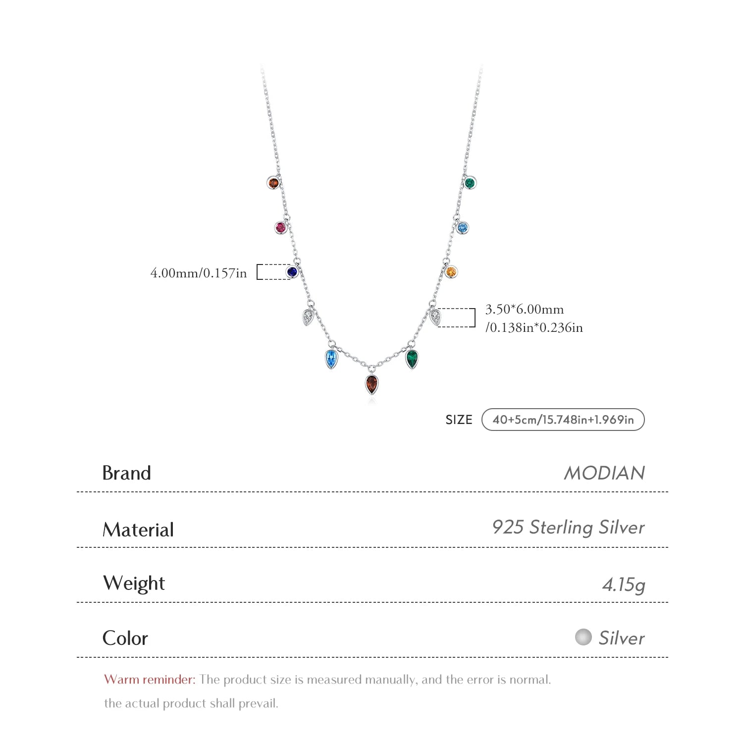 MODIAN 925 Sterling Silver Colorful Round CZ Charm Stackable Choker Necklace Water Drop Pendant Necklace For Women Fine Jewelry