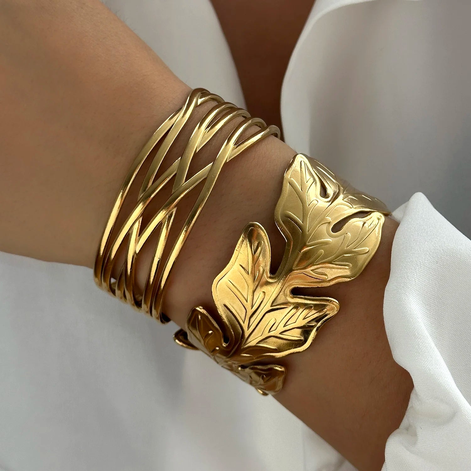 Stainless Steel Multilayer Wave Wide Bangles for Women Gold Color Metal Chunky Flower Cuff Bangle Bracelets Aesthetic Jewelry