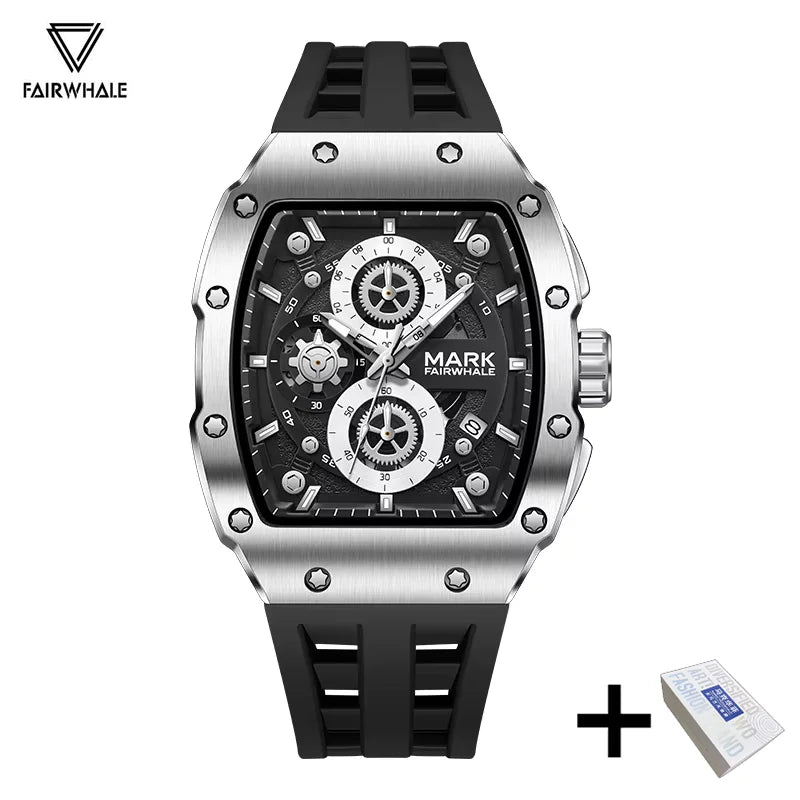 Montre homme Mark Fairwhale Sports, bracelet en silicone, style tonneau, montre de luxe multifonctionnelle étanche à quartz