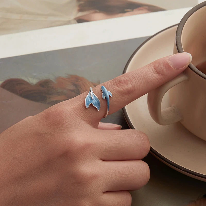 BAMOER 925 Sterling Silver Cute Guppy Ring Stacking Finger Ring, Animals Adjustable Open Rings Birthday Gift BSR674-E