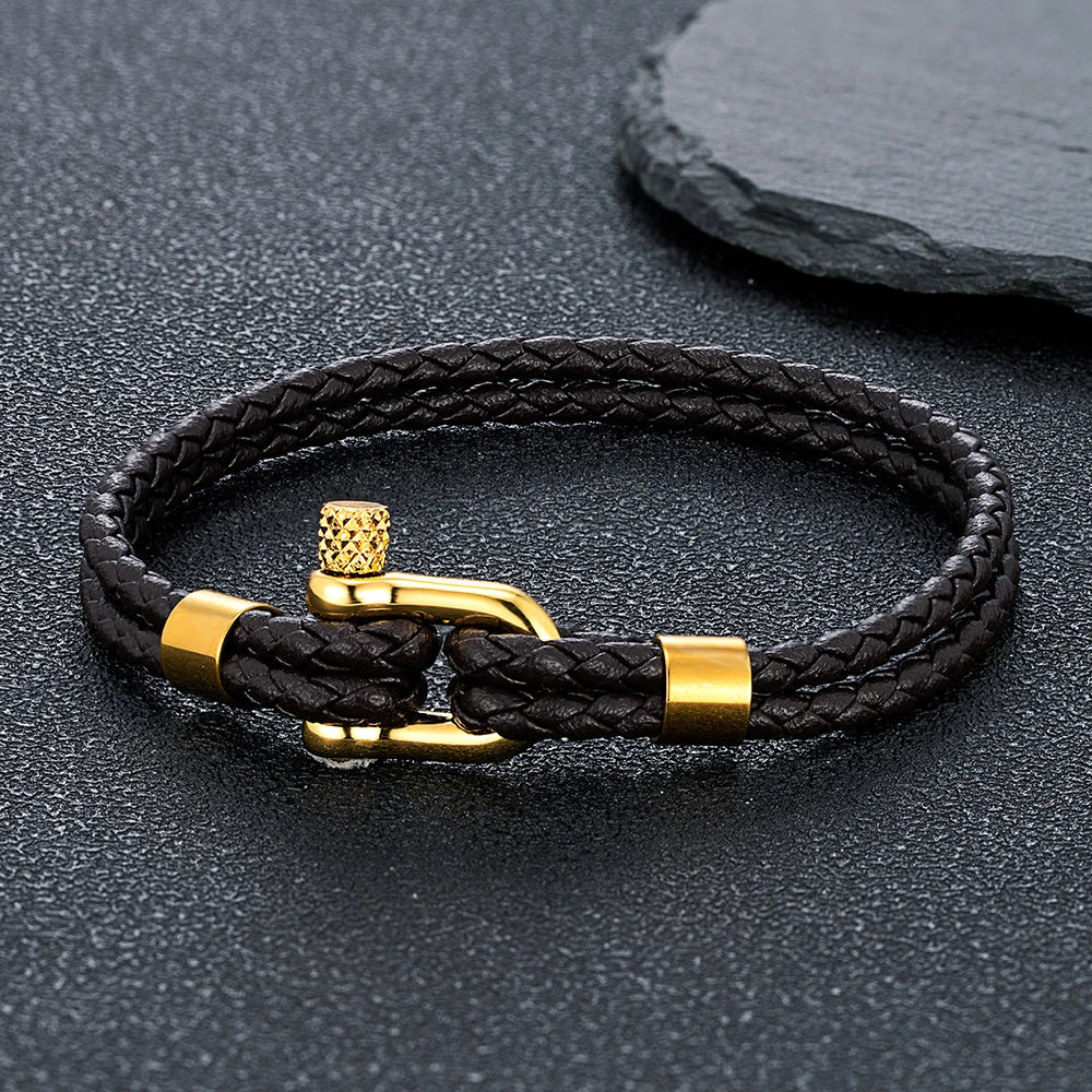 MKENDN Gold Plated Stainless Steel Shackle Bracelet Men Women Simple Double Layer Braided Blue Leather Bracelets Handmade Gifts