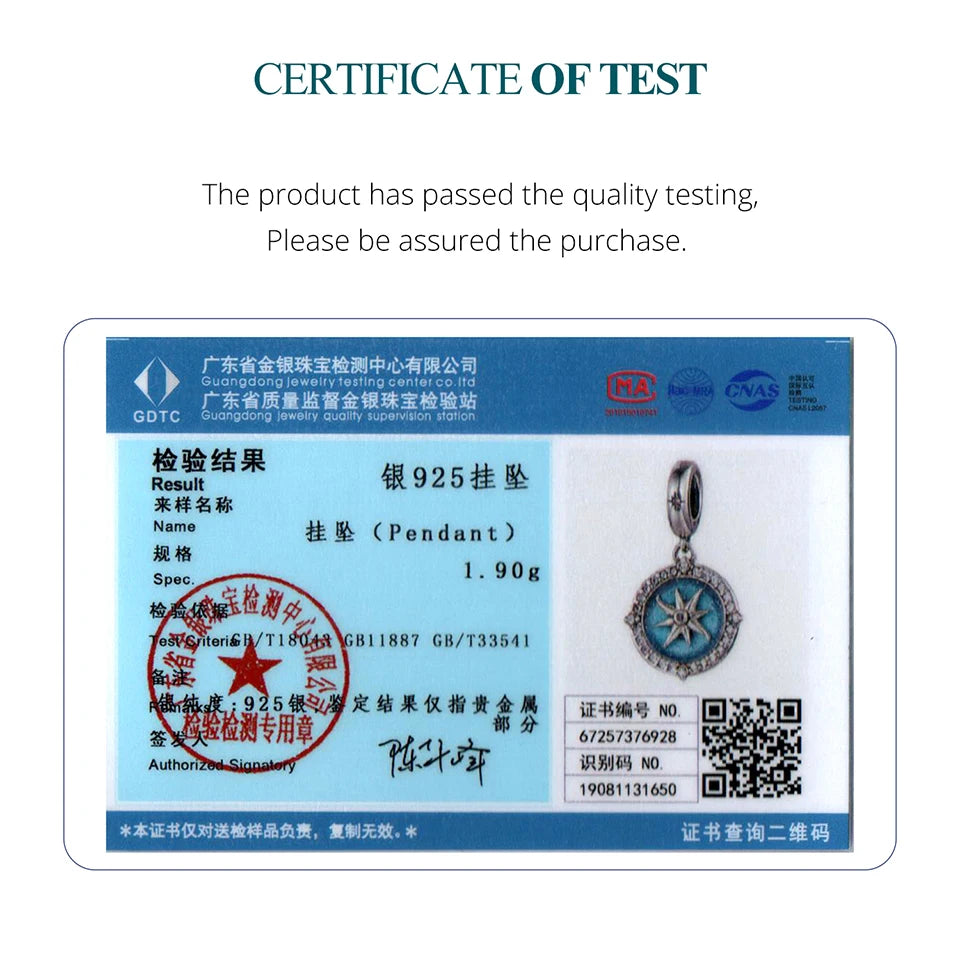 Bamoer 925 Sterling Silver Compass Pendant Enamel Blue Full Circled Zircon Beads for Women DIY Necklace Accessories Crystal Gift