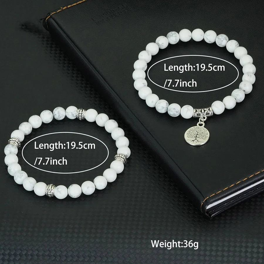 Handmade 2Pcs Men Bracelet Set Tree Of Life Braslet 8mm Lava Howlite Stone Strand Braclet Yoga Meditation Healing Jewelry Homme