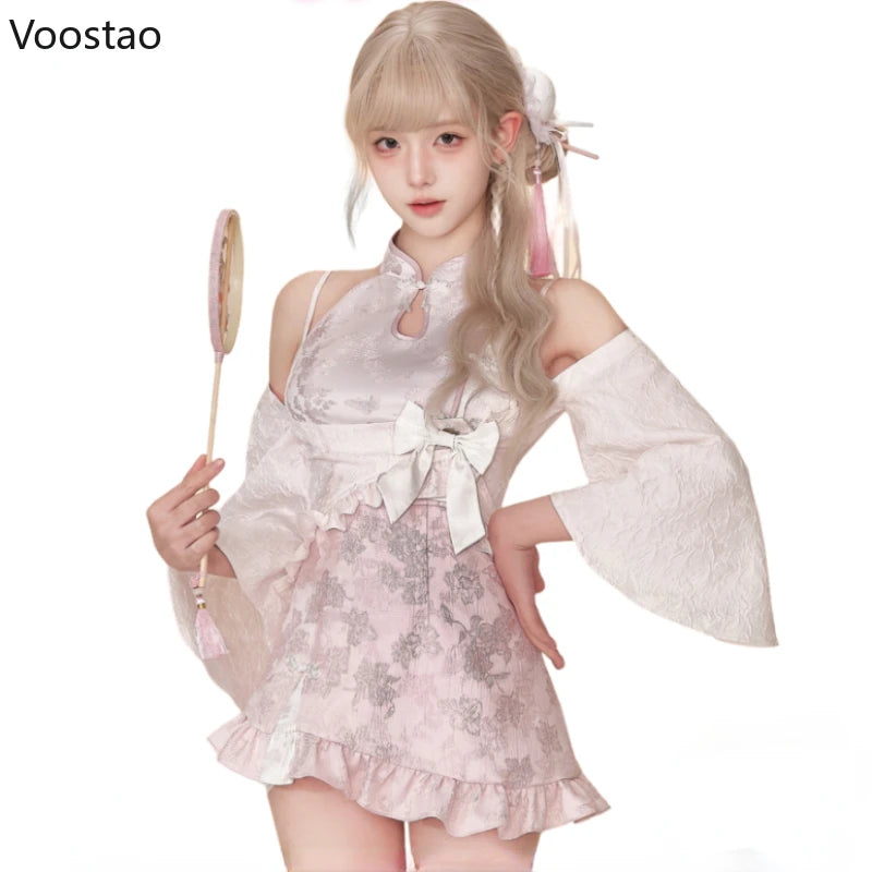 Neues Lolita-Kleiderset im chinesischen Stil für Damen: Elegantes kurzes Cardigan-Top mit Rüschen, schicker Cheongsam-Kleid-Anzug im Y2K-Stil