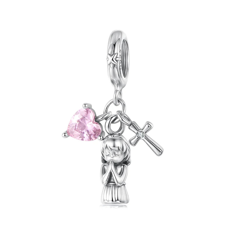 WOSTU Religious Series 925 Sterling Silver Prayer Charms Guardian Angel Pendant Red heart Bead Fit Bracelet DIY Jewelry Making