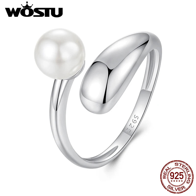 WOSTU Real 925 Sterling Silver Pearl Opening Ring Water Drop Adjustable Rings Girl Punk Party Jewelry Mother's Day Gift