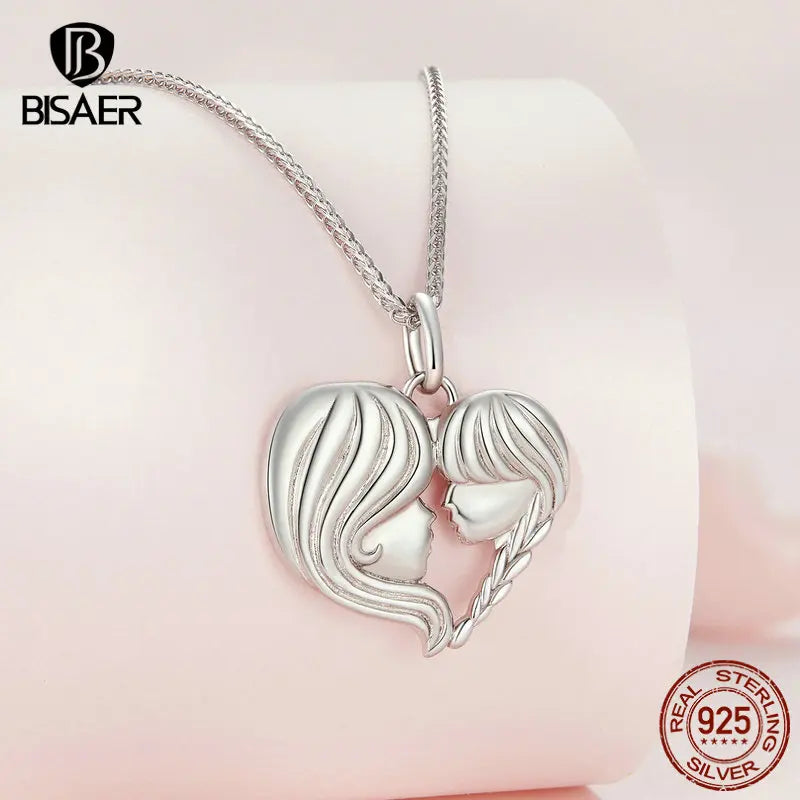 BISAER 925 Sterling Silver Mother & Child Pendant Necklaces Heart Charm Adjustable Chain For Women Mother's Day Birthday Jewelry