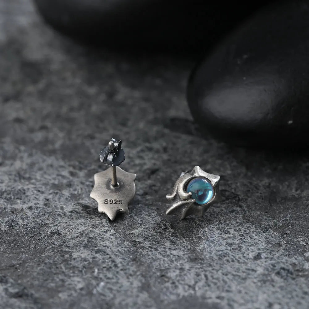 MKENDN 100% 925 Sterling Silver Earrings Men Women Vintage Dragon Wings Stud Earrings With Light Blue Stone Personality Jewelry