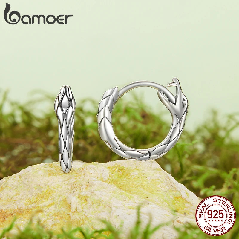 BAMOER 925 Sterling Silver Cute Snake Hoop Huggie Earrings, Hypoallergenic Animal Jewelry Birthday Gift for Women BSE1149