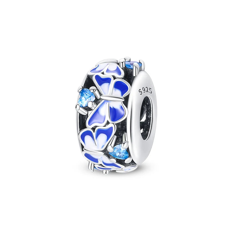 Charms 925 Silver Butterfly Flowers Colorful Zircon Silicone Spacer Beads Fit Pandach 925 Original Bracelets Fine DIY Jewelry