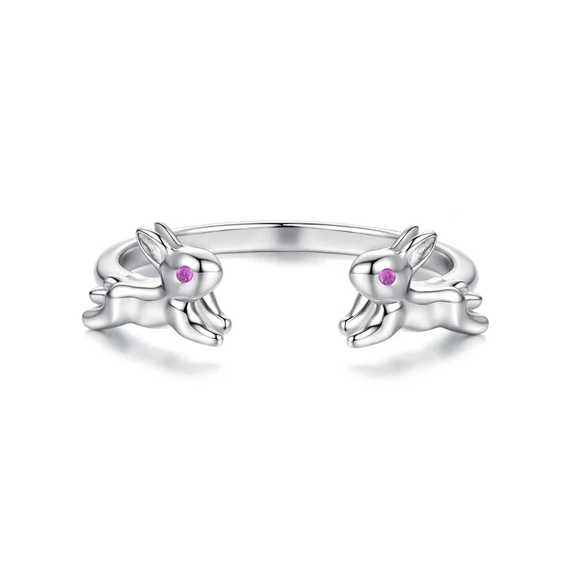 WOSTU Double 3D Rabbit Ring with Rose Red Eyes, Real 925 Sterling Silver Open Adjustable Animal Open Rings Cute Dainty Jewelry