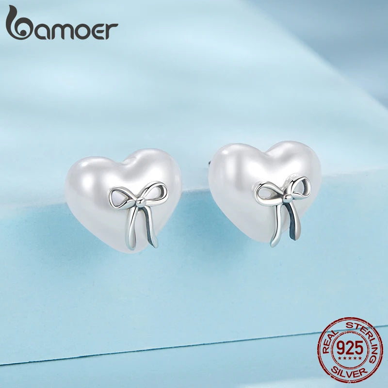 BAMOER 925 Sterling Silver Bow Heart Shaped Shell Pearl Stud Earrings, Minimalist Cute Studs for Women Fashion Jewelry SCE1810