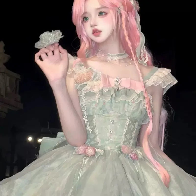 Japanese Sweet Lolita Jsk Dress Women Kawaii Cute Flower Ruffles Bow Trailing Princess Dresses Girl Elegant Y2k Fairy Mini Dress
