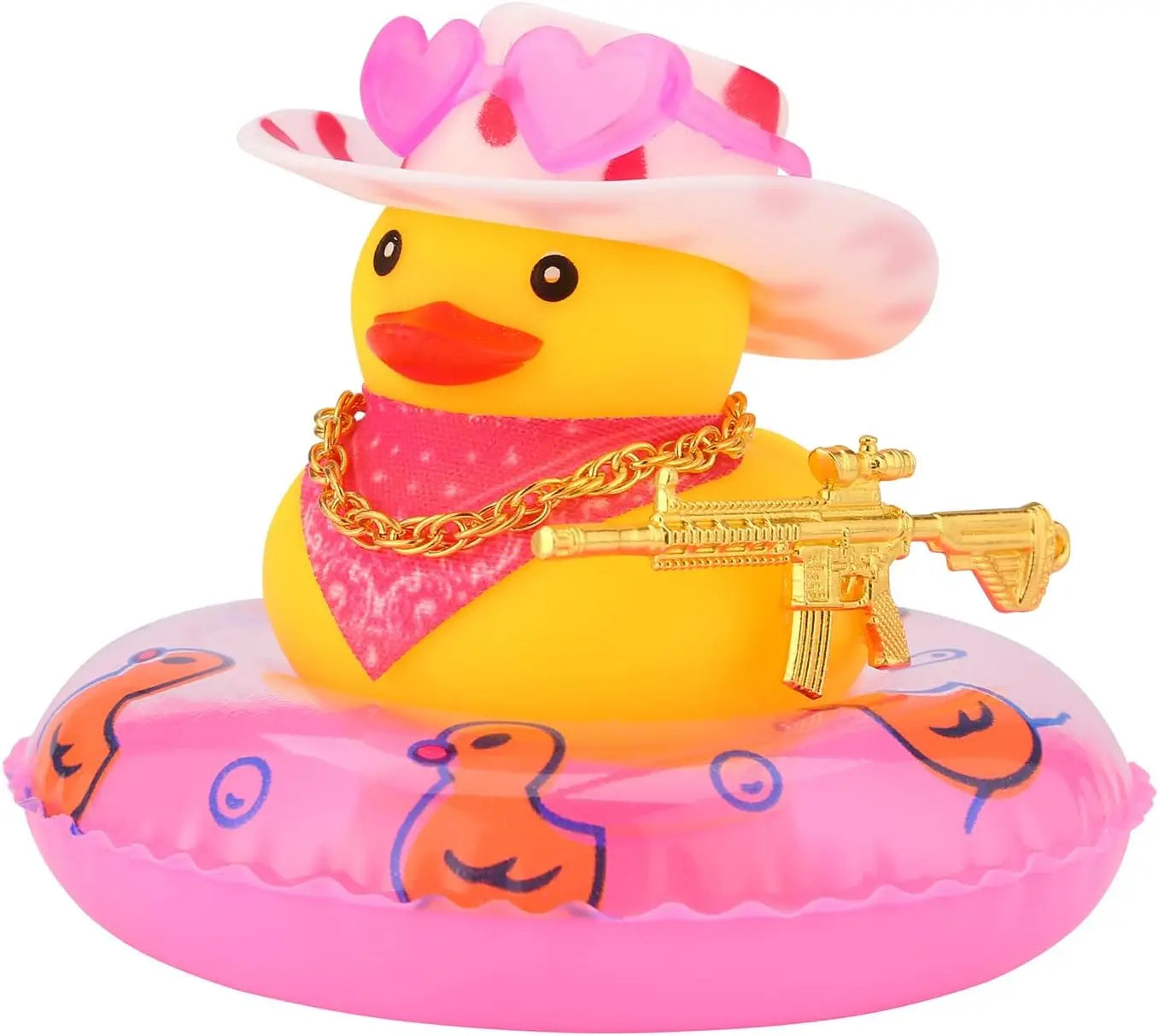 Rubber Duck with Weapon for Car Dashboard Decor, Squeaky Duck Toy Yellow Cowboy Ducks Car Ornament Fun Car Accessories