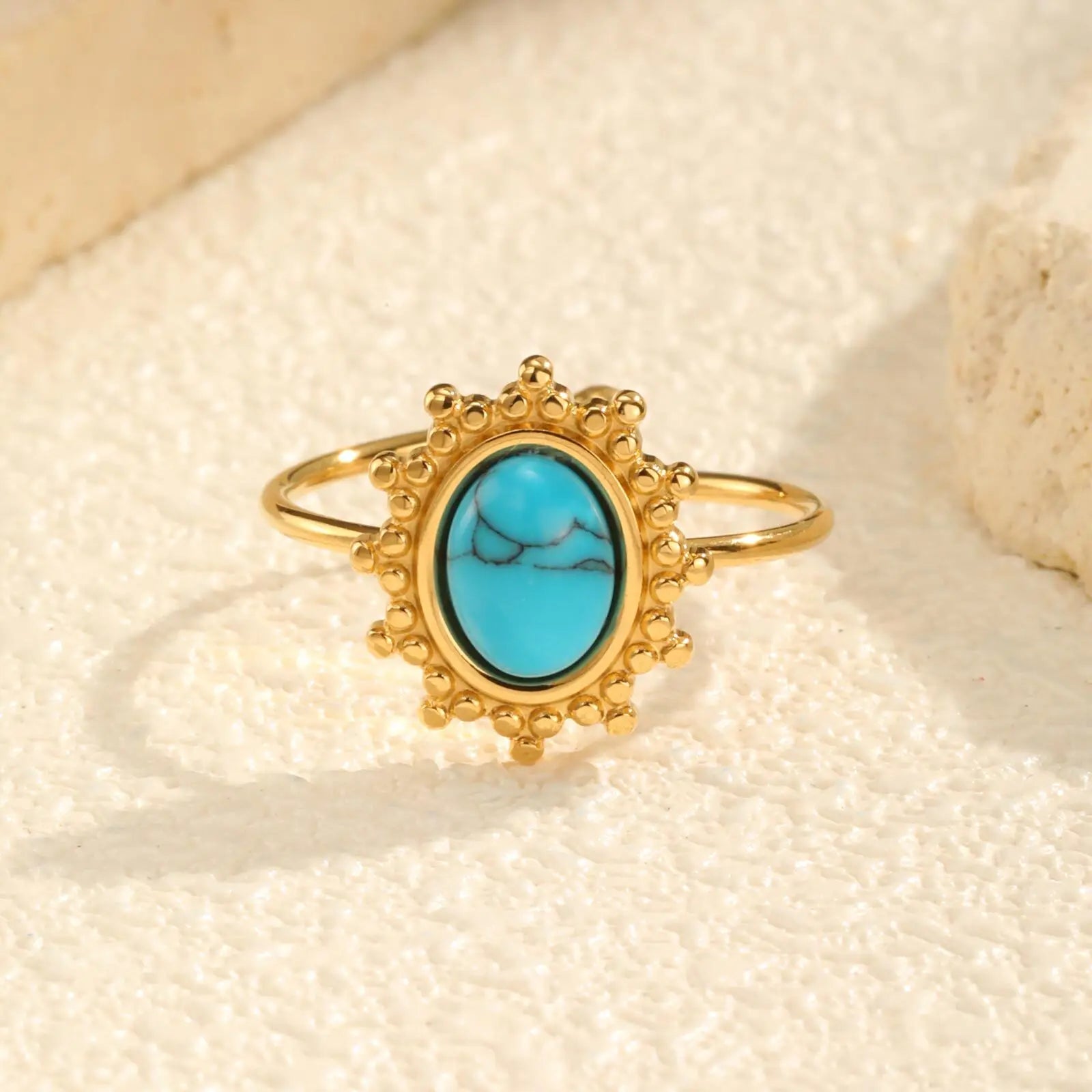 Vnox Stainless Steel Sun Turquoise Opal Rings For Women Gold Color Oval Round Opal Rings Aesthetic Ring Jewelry Wedding Party