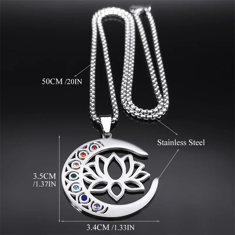 Flower Lotus Moon Pendant Necklace for Women Men Stainless Steel Silver Color 7 Chakra Healing Balance Chain Jewelry N9725S02