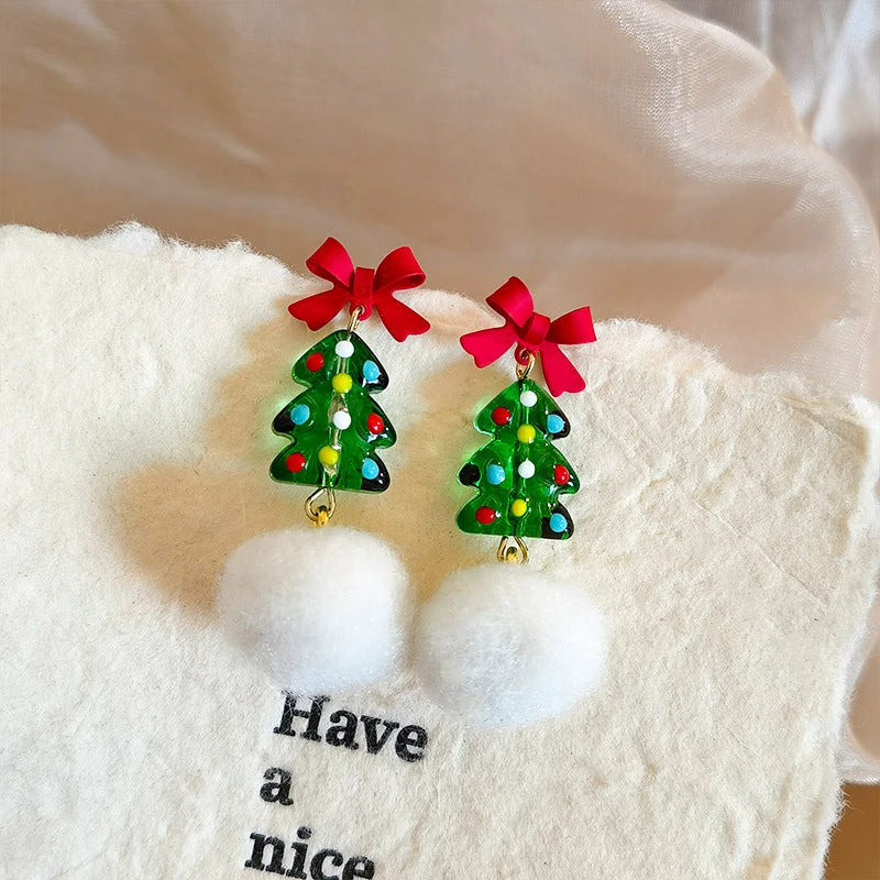 Lovely Zircon Snowflake Pearl Charm Earring For Women Christmas Flocking Hairball Bowknot Stud Earrings New Year Party Jewelry