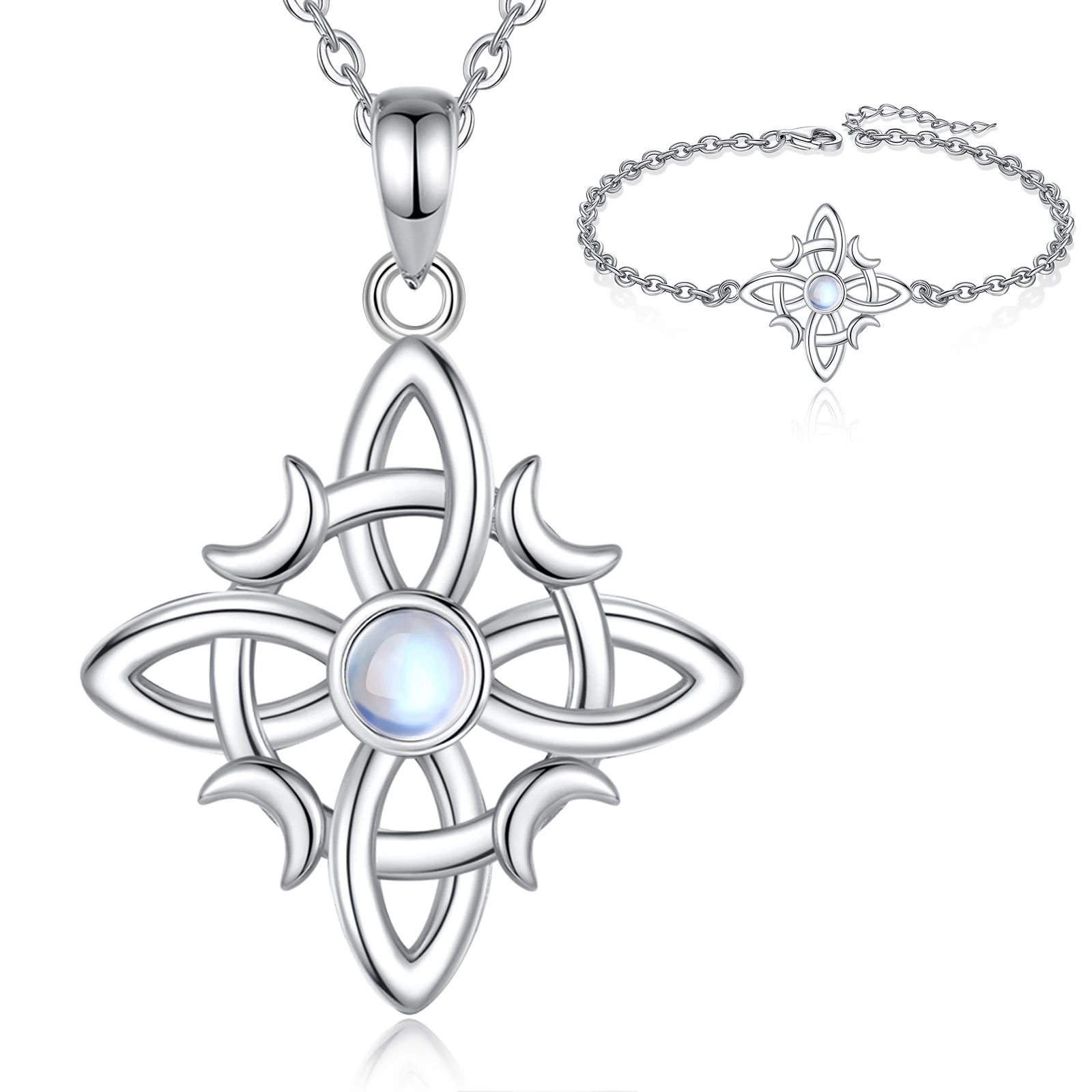 Eudora 925 Sterling Silver Witches Knot Necklace & Bracelet Moonstone Wicca Amulet Jewelry Set Fine Gift for Women Girl