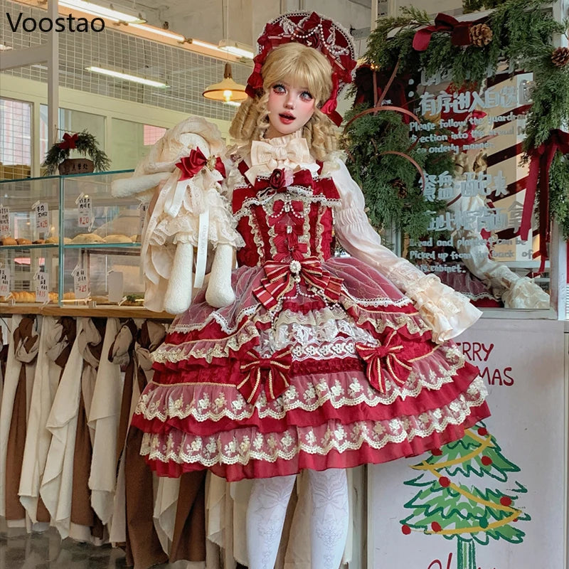 japanese vintage dress Victorian Gothic Lolita Jsk Dress Women Luxury Elegant Lace Ruffles Bow Wedding Dress Japanese Vintage Princess Party Dresses Red Jsk Dress / L