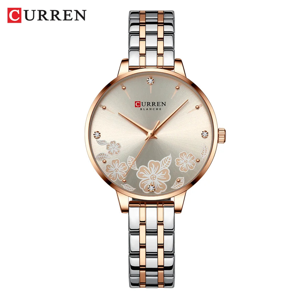CURREN Fashion Quartz Wristwatches for Women Simple Stainless Steel Watch Bracelet with Flower Design Dial