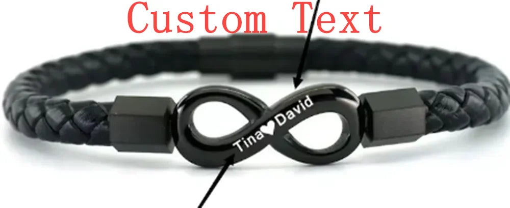 MKENDN Bracelet Infinity de style simple en cuir tressé pour hommes et femmes, bijoux en acier inoxydable noir, cadeaux