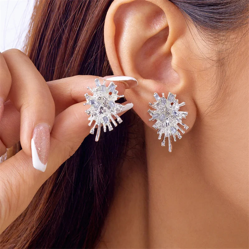 Sparking Snowflake Firework Stud Earrings For Women Girls Rhinestone Exquisite Zircon Piercing Earring Girls Party Charm Jewelry