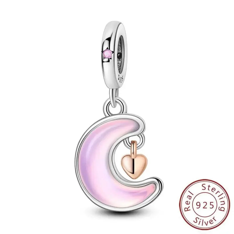 925 Sterling Silver Purple Heart Moon Planet Charm Pendant Beads Fit Charms Silver Original Bracelet for Women Jewelry