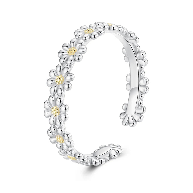 Bamoer 925 Sterling Silver Daisy Jewelry Set Yellow Flower Open Ring Plant Hoop Huggies Earrings for Women Teen Young Party Gift
