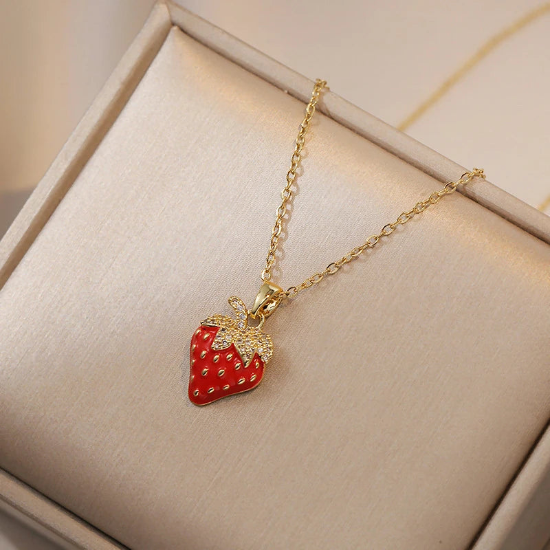 Stainless Steel Shiny Zircon Red Strawberry Pendant Necklace For Women Girls Romantic Flower Planet Tulip Choker Luxury Jewelry