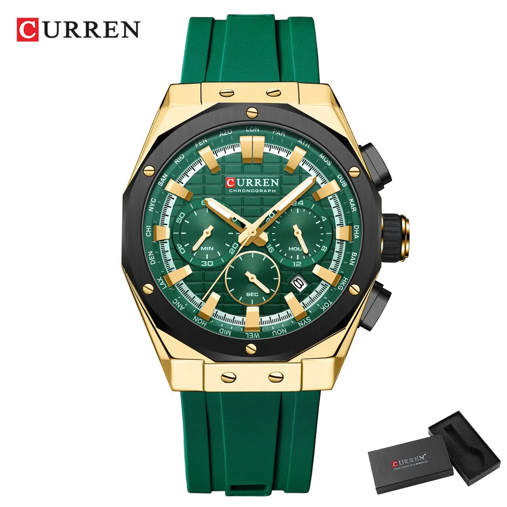 CURREN Casual Sports Quartz Watches for Men Silicone Band Business Chronograph Wristwatch with Date