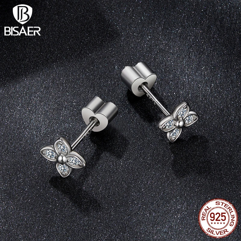BISAER Four-leaf Clover Moissanite Stud Earrings 925 Sterling Silver VVS1 EX Cut Lab Diamond Stud Ear Girl Party Fine Jewelry