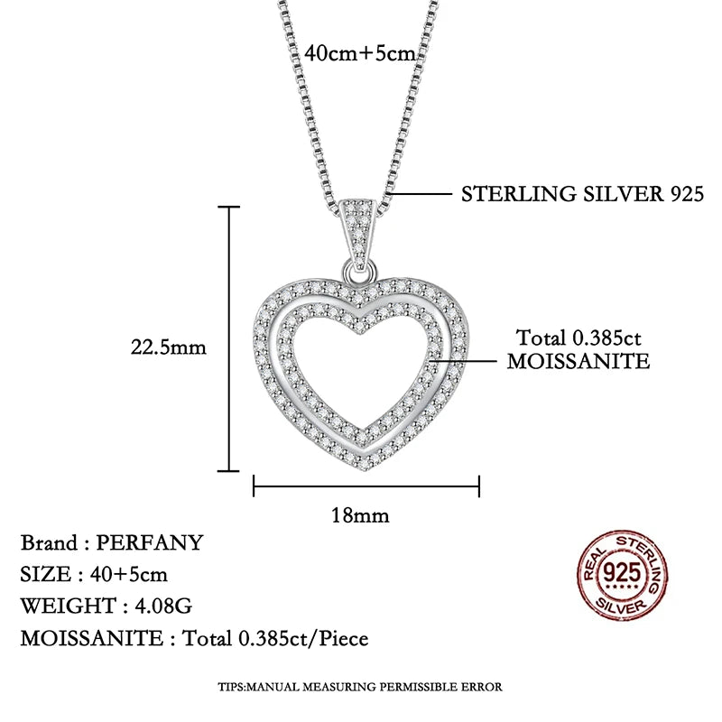PERFANY Full Moissanite Heart Necklace for Women S925 Pure Silver Sparkling Double layered Heart Pendant Sweet Luxury Jewelry
